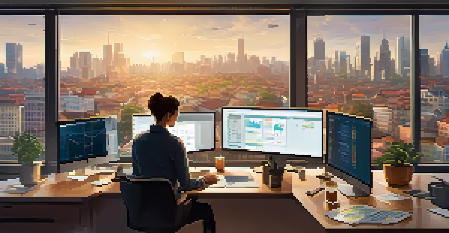 A person analyzing crowdfunding data on multiple screens in a cozy workspace with a cityscape view.