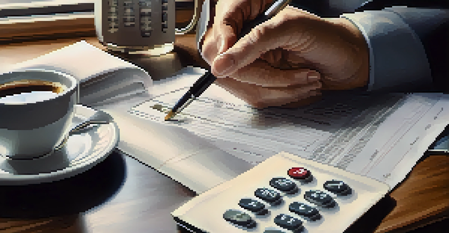 A close-up of hands holding a financial report at a table with coffee and a calculator, with a city view in the background.