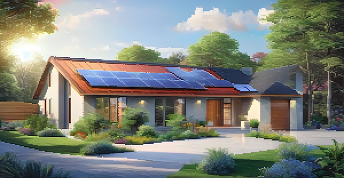 A contemporary green home with solar panels and a wind turbine, bathed in morning light amidst lush vegetation.