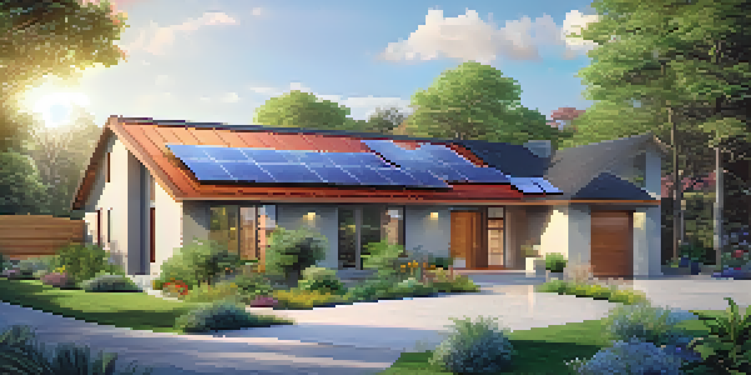 A contemporary green home with solar panels and a wind turbine, bathed in morning light amidst lush vegetation.