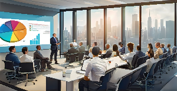 A diverse group of professionals in a modern conference room, engaged in a business presentation with a pitch deck on display.