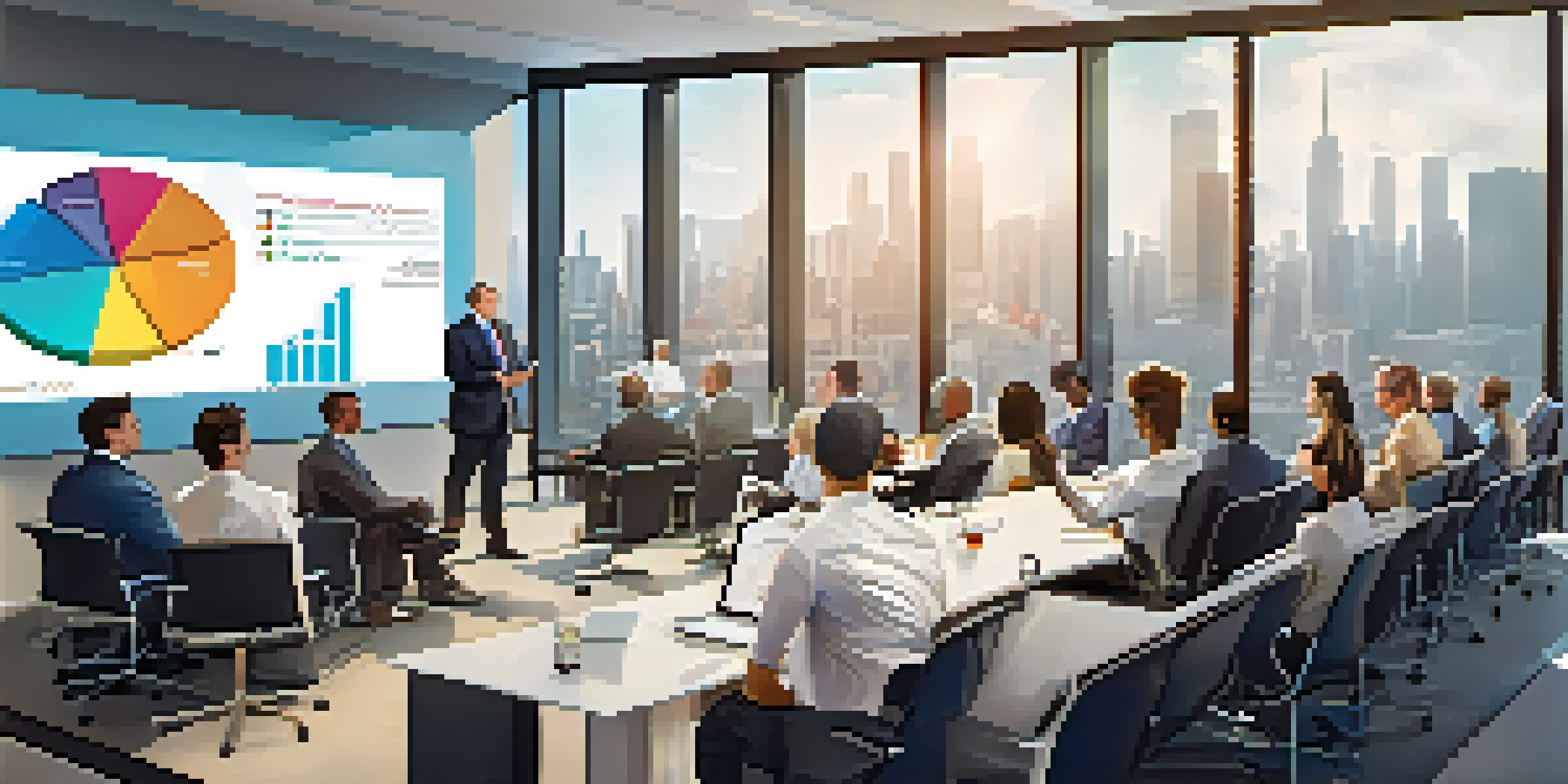 A diverse group of professionals in a modern conference room, engaged in a business presentation with a pitch deck on display.