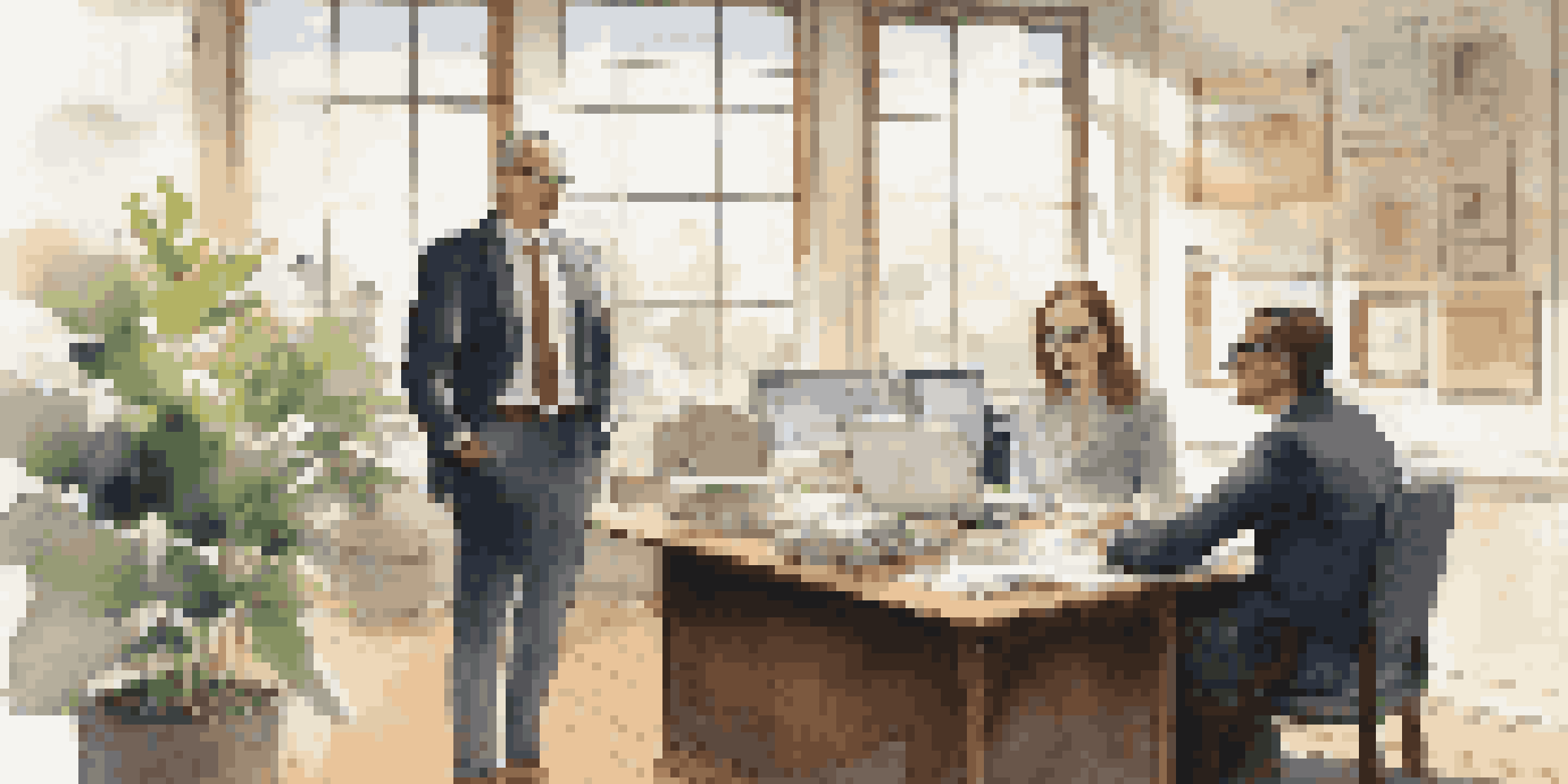 A financial advisor explains investment strategies to a client in a well-lit office, with charts and documents on a wooden desk.