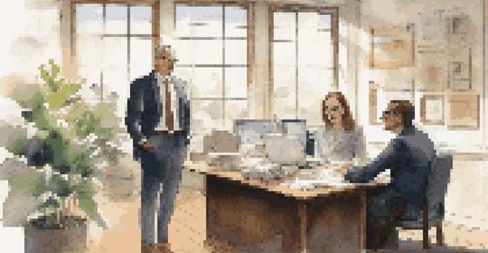 A financial advisor explains investment strategies to a client in a well-lit office, with charts and documents on a wooden desk.