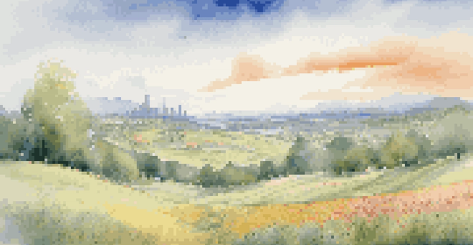 A landscape illustrating the four phases of market cycles, transitioning from a sunny meadow to a bustling city skyline, followed by a cloudy sky and a tranquil valley.