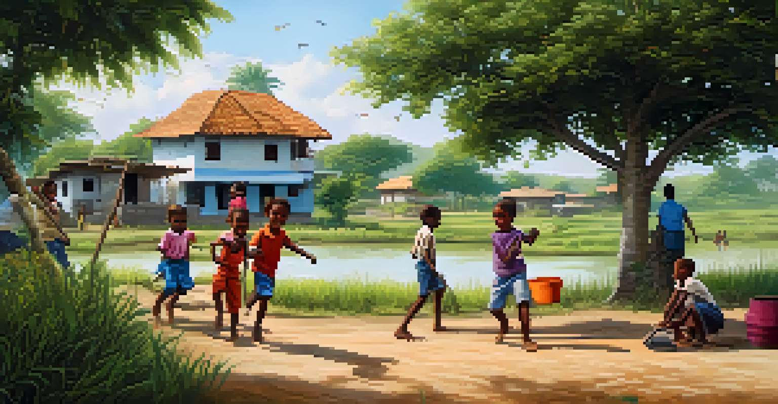 Children playing near a water pump in a rural community, with traditional houses and greenery in the background.