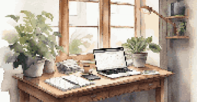 A cozy workspace with a wooden desk, an open laptop showing financial software, a notepad, a cup of coffee, and a plant, all under soft natural light.