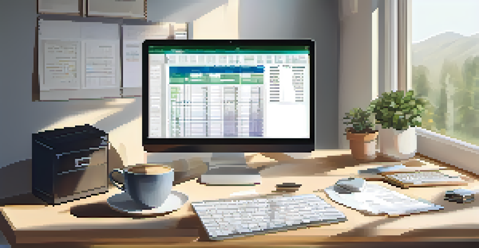 A tidy workspace with a computer and financial documents, illuminated by sunlight coming through a window.