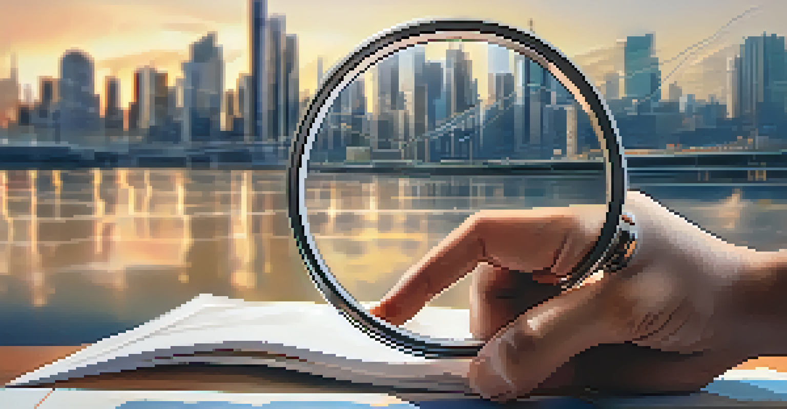 A close-up of a hand holding a magnifying glass over a financial graph, with a city skyline in the background.