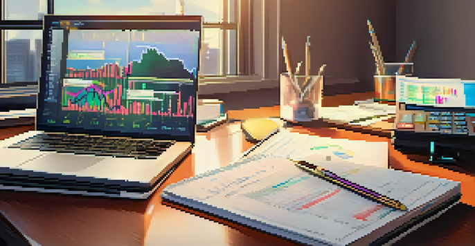 A financial analyst's desk with a laptop showing graphs, a calculator, and a notepad, illuminated by natural light.