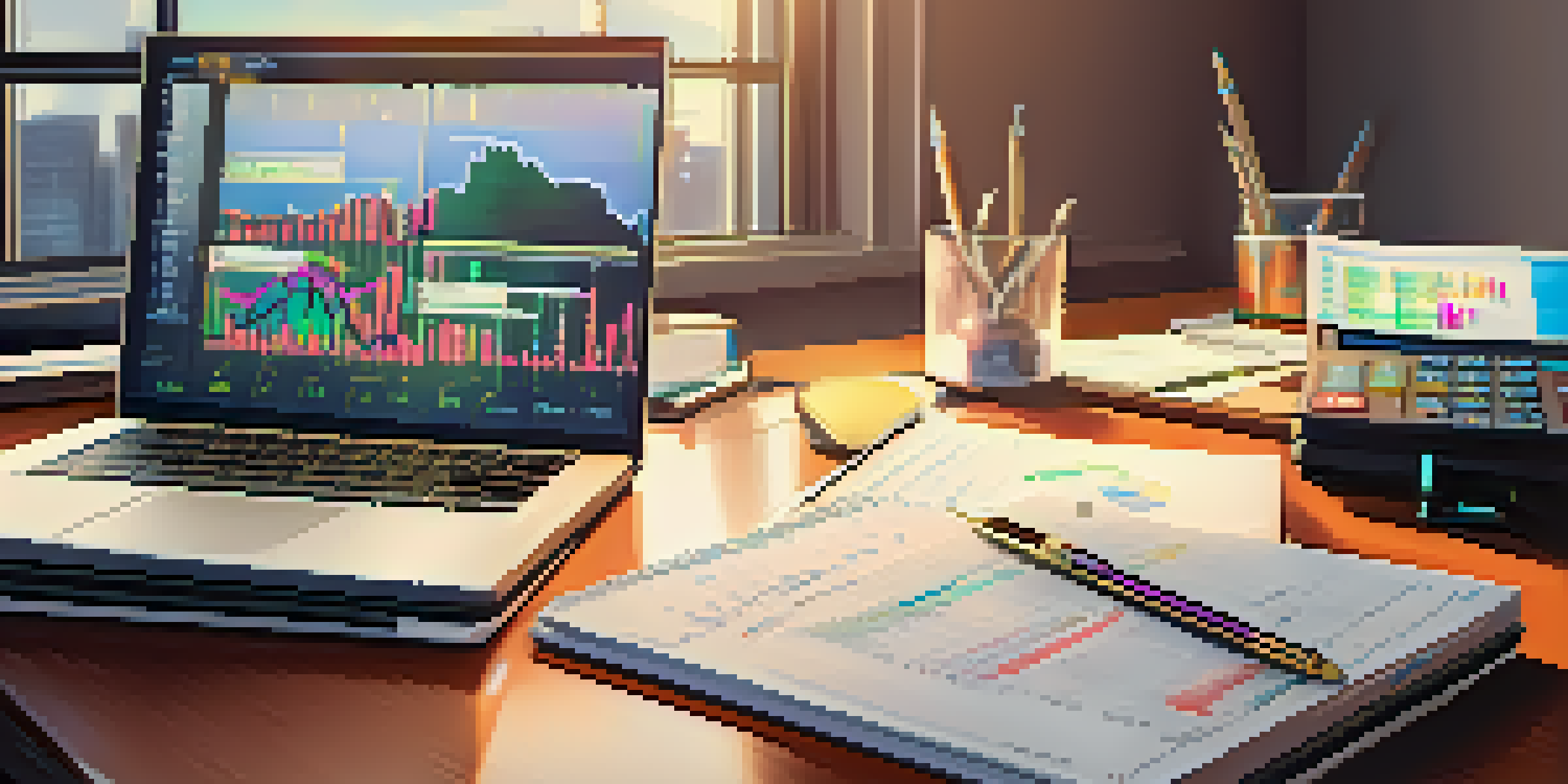 A financial analyst's desk with a laptop showing graphs, a calculator, and a notepad, illuminated by natural light.