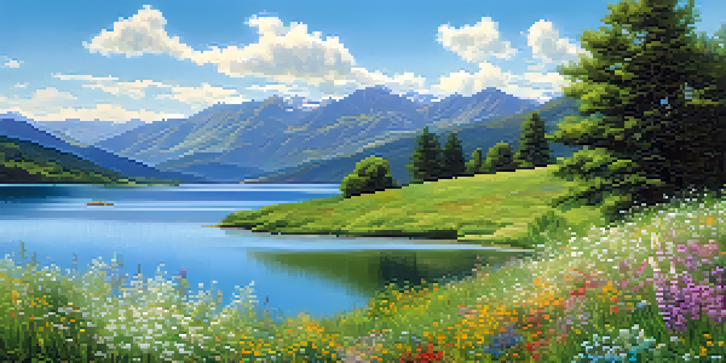 A calm lake surrounded by green mountains and wildflowers, with a clear blue sky and sunlight reflecting off the water.
