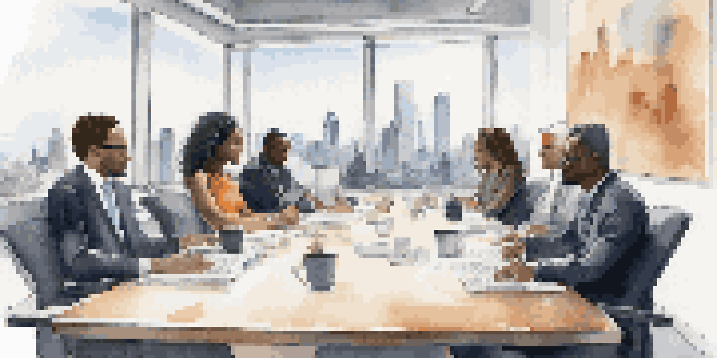 A diverse group of stakeholders in a modern boardroom engaged in a strategic meeting with documents and laptops on the table.