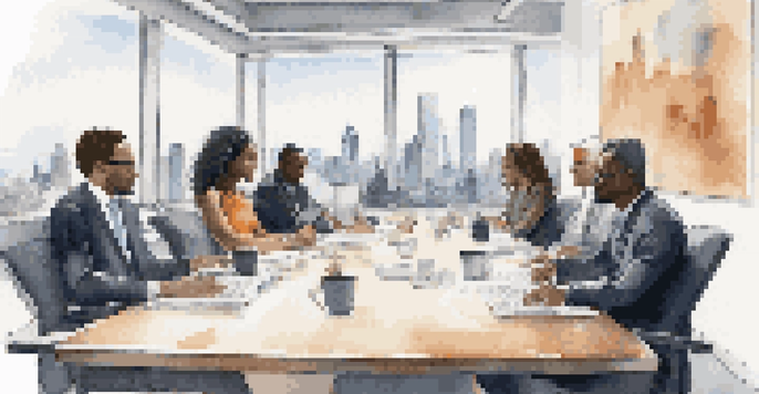 A diverse group of stakeholders in a modern boardroom engaged in a strategic meeting with documents and laptops on the table.