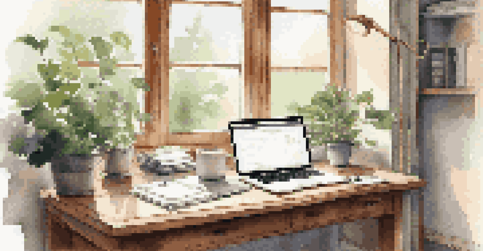 A cozy workspace with a wooden desk, an open laptop displaying a project review report, and a cup of coffee.
