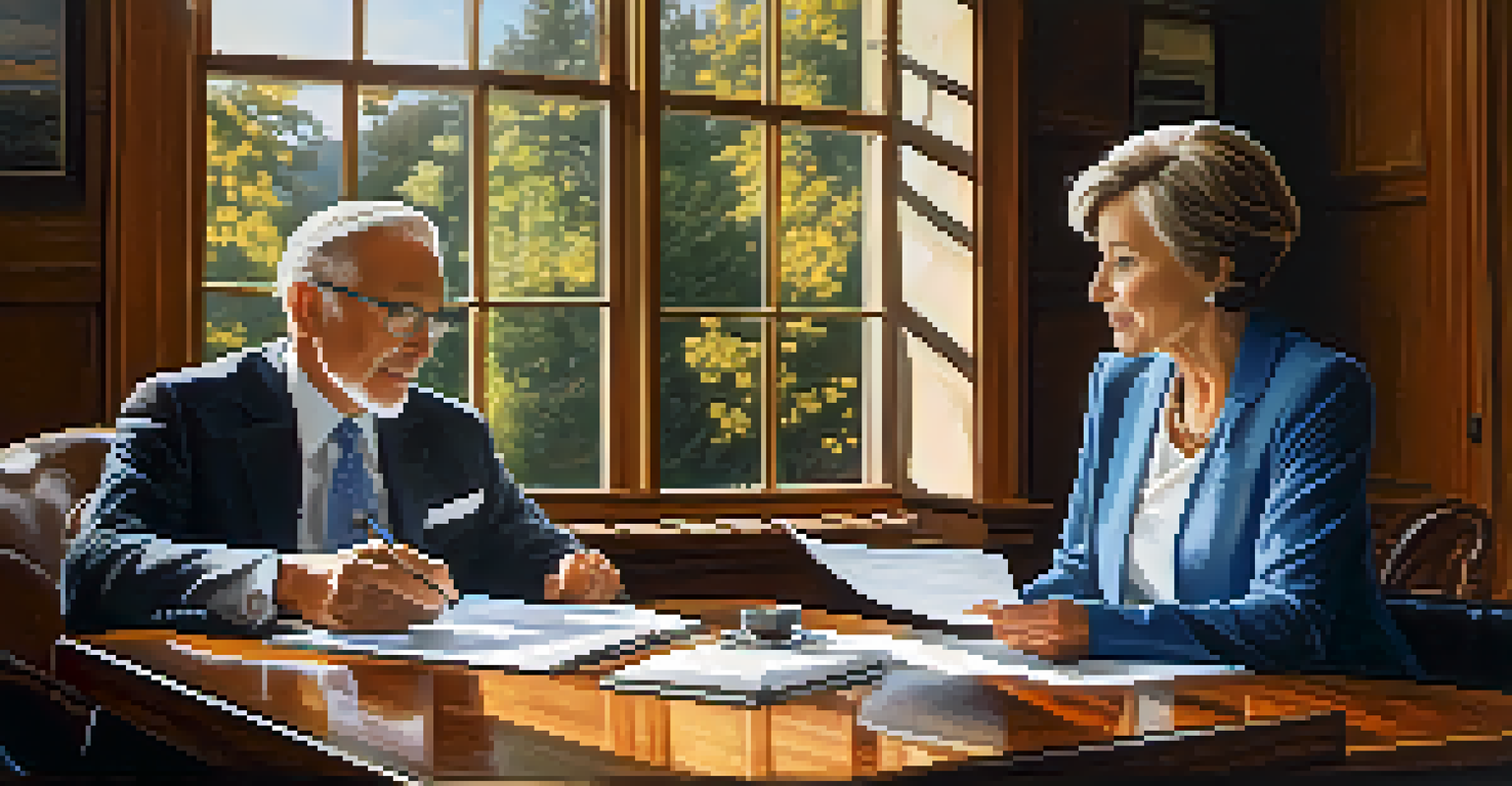 A financial advisor discussing retirement plans with a client at a table, with documents and a laptop present.