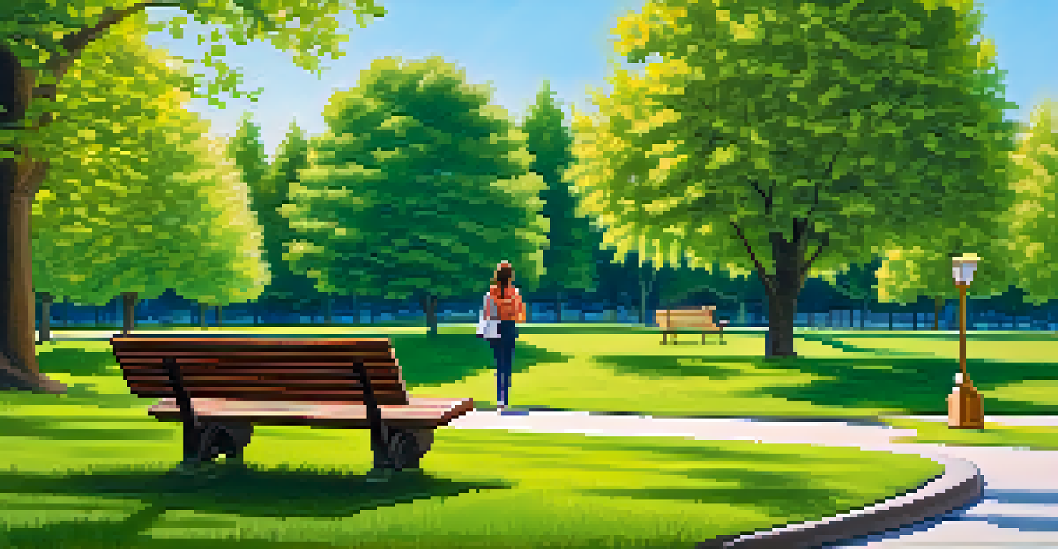 A person sitting on a park bench, writing financial goals in a notebook, surrounded by lush greenery and a clear blue sky, conveying focus and clarity.