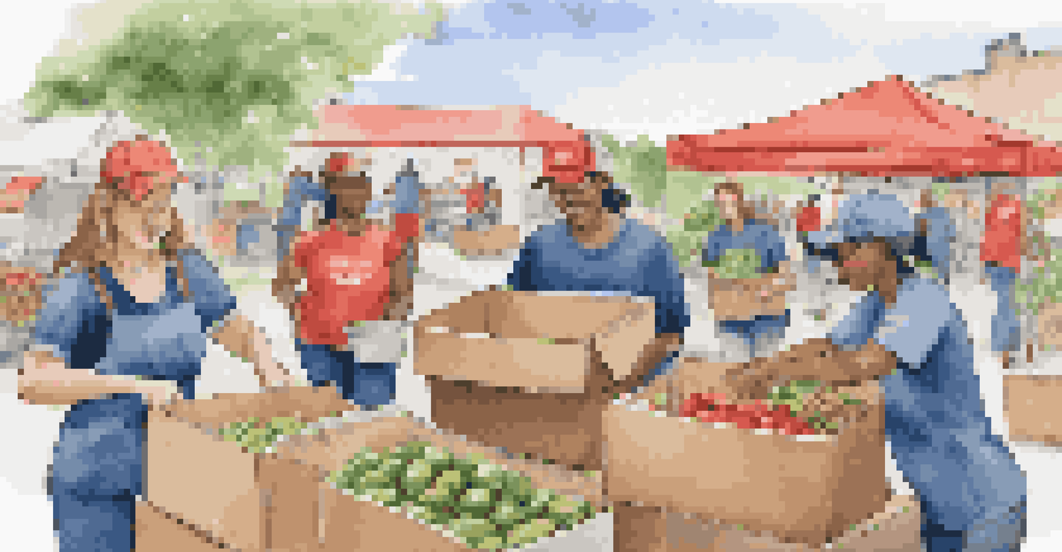 Volunteers collaborating at a food distribution event, packing boxes with fresh produce and canned goods in a bright and organized setting.