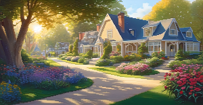 A peaceful retirement community with cozy cottages, vibrant gardens, and a couple strolling along a path under warm sunlight.