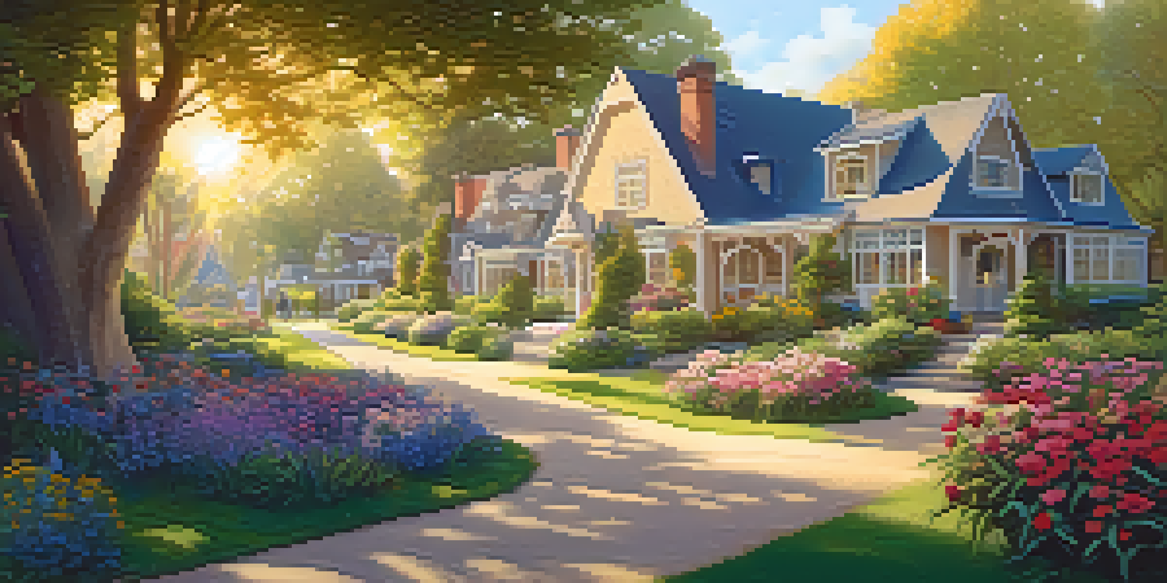 A peaceful retirement community with cozy cottages, vibrant gardens, and a couple strolling along a path under warm sunlight.
