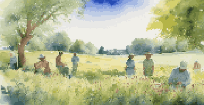 A diverse group of people planting trees in a green field, with bright flowers and a blue sky, symbolizing community and environmental sustainability.