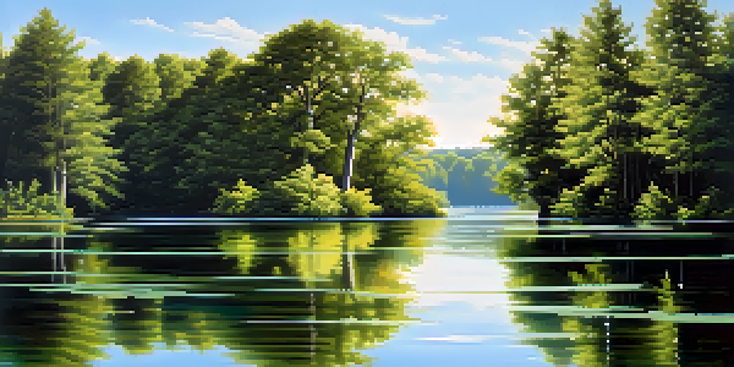 A peaceful lake scene with green trees and a clear blue sky.