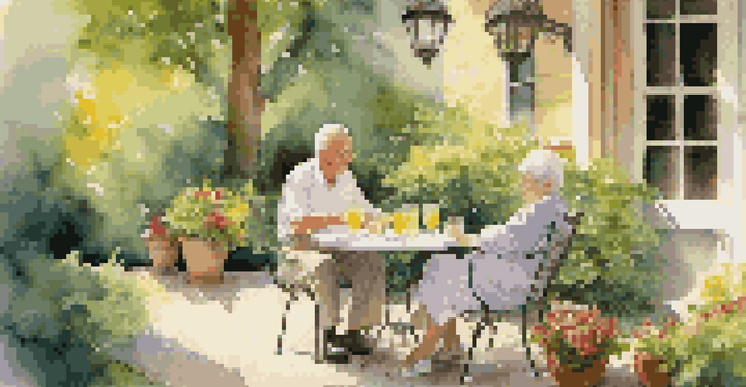 An elderly couple sitting on a sunny patio, surrounded by greenery and flowers, enjoying a conversation with glasses of lemonade on the table.