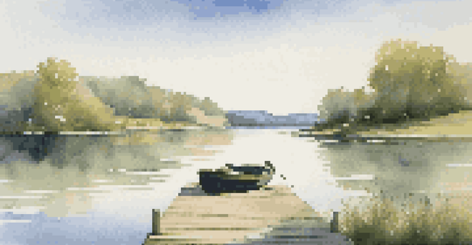 A peaceful lake scene with green hills, a wooden dock, and a small rowboat on the water under a blue sky.
