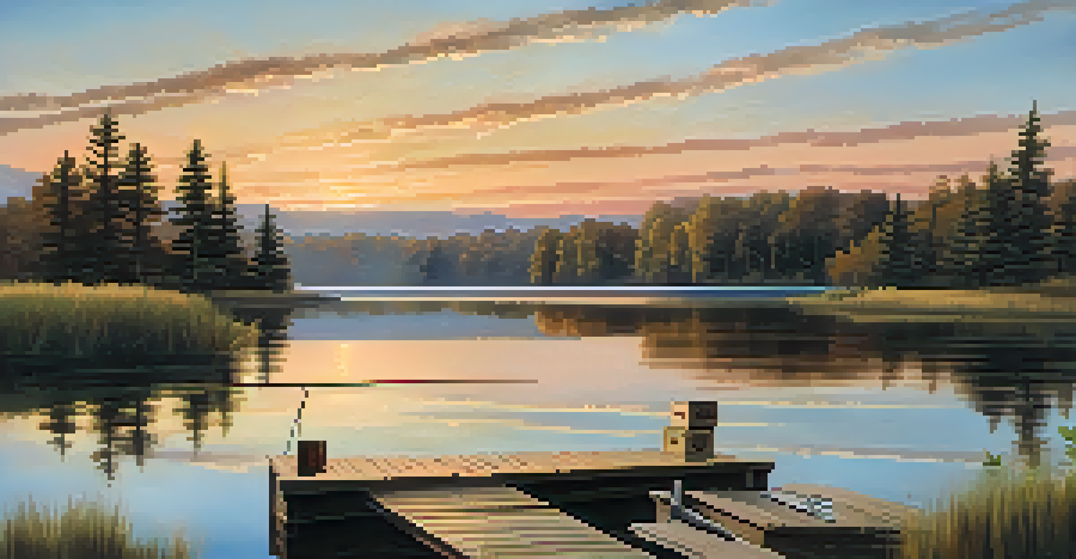 A peaceful lake at sunset with reflection, featuring a dock with a fishing rod and tackle box.