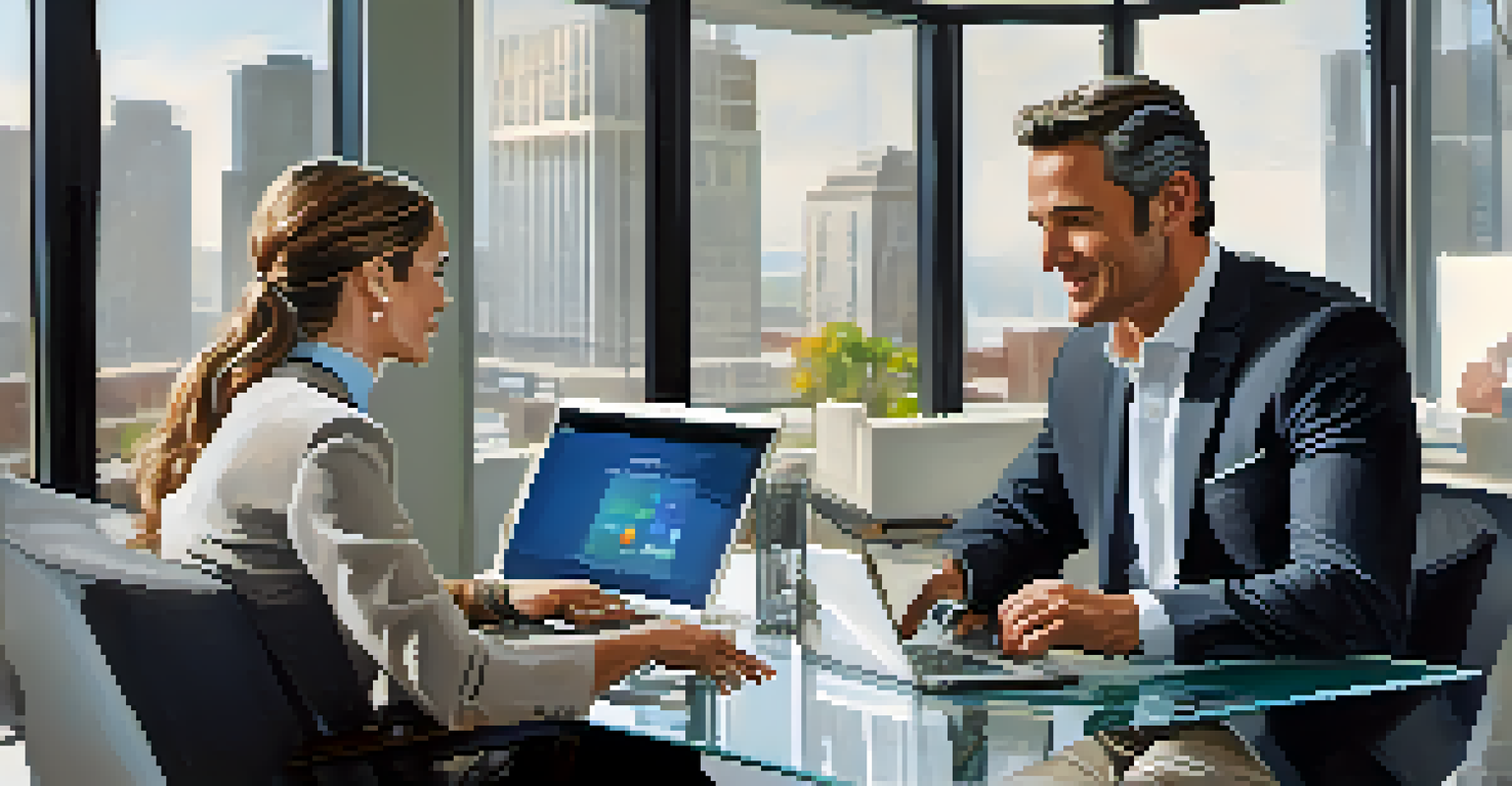 A financial advisor presenting market trends on a laptop to a client in a modern office setting.