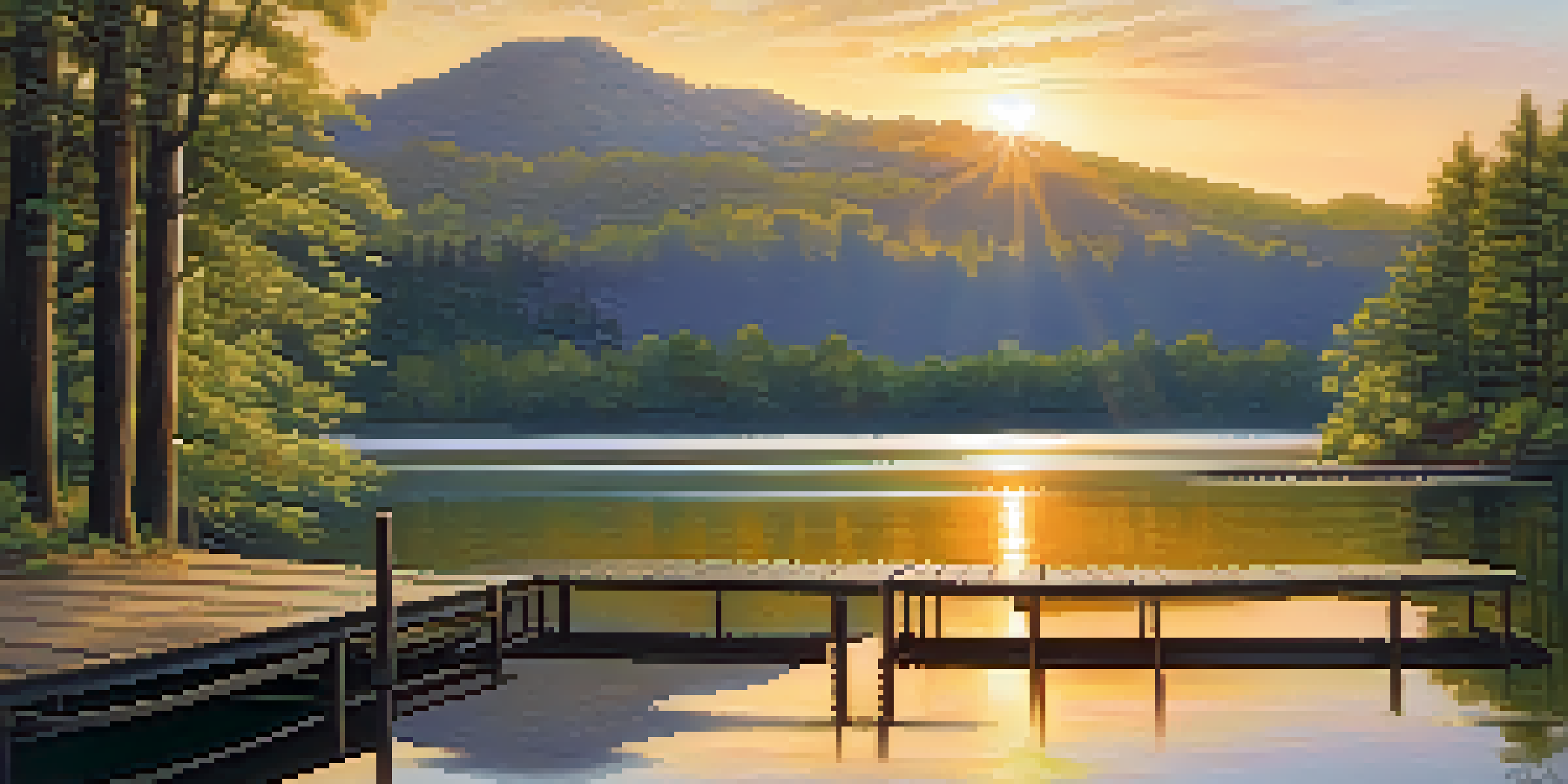A calm lake surrounded by green trees at sunset, with a wooden dock extending into the water reflecting the colorful sky.