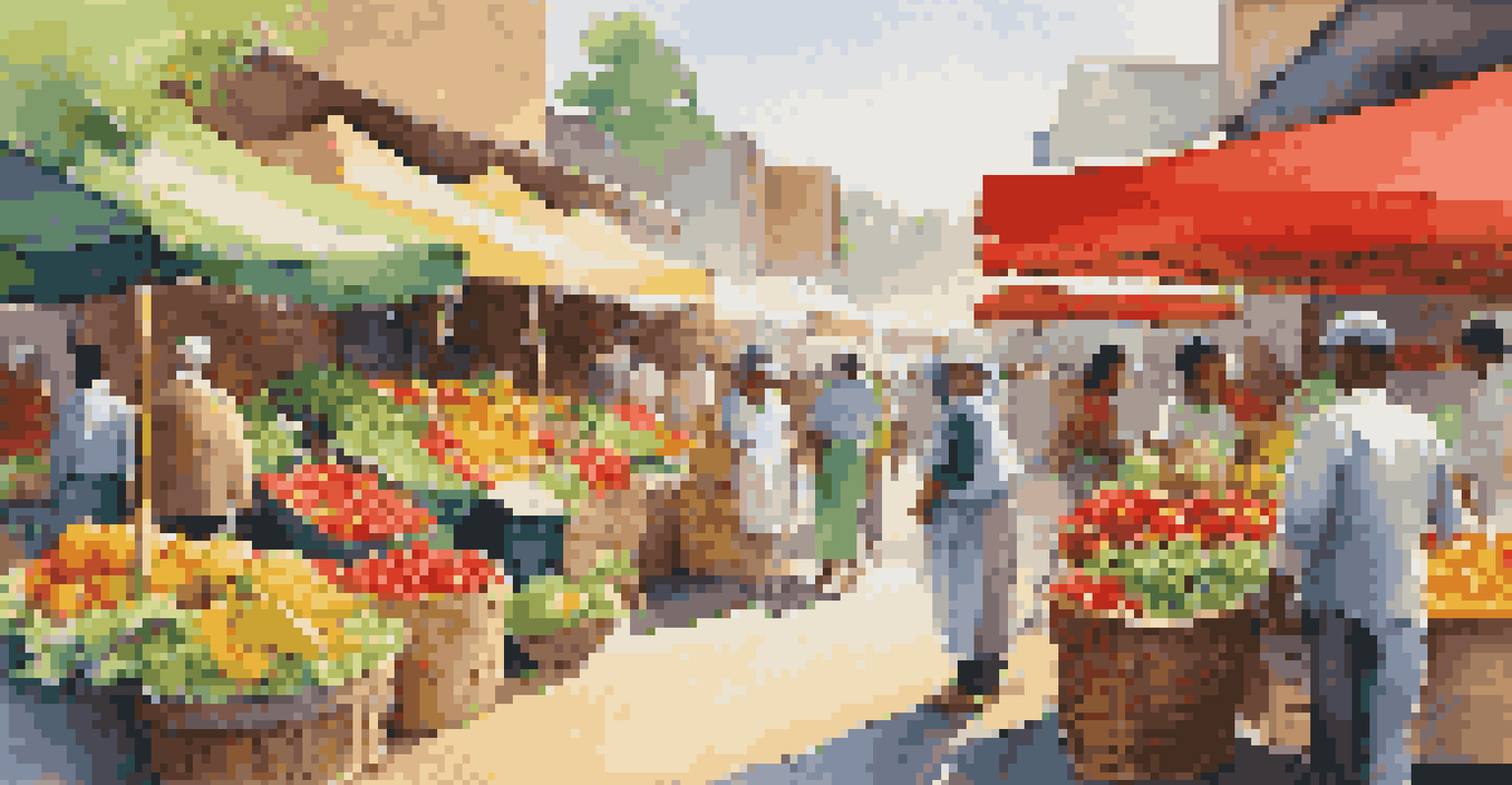 A bustling market with colorful stalls of fresh fruits and vegetables and shoppers interacting with vendors.