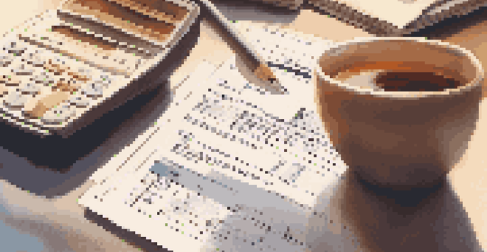 A close-up of a person completing a tax credit application, surrounded by a calculator, financial documents, and a cup of tea.