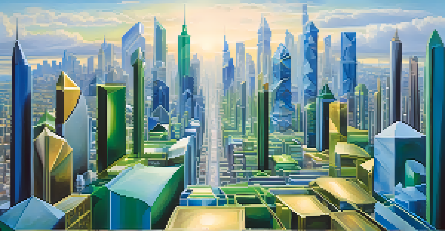 An abstract illustration of asset classes like stocks, bonds, real estate, and commodities in a vibrant market setting, with a futuristic skyline.