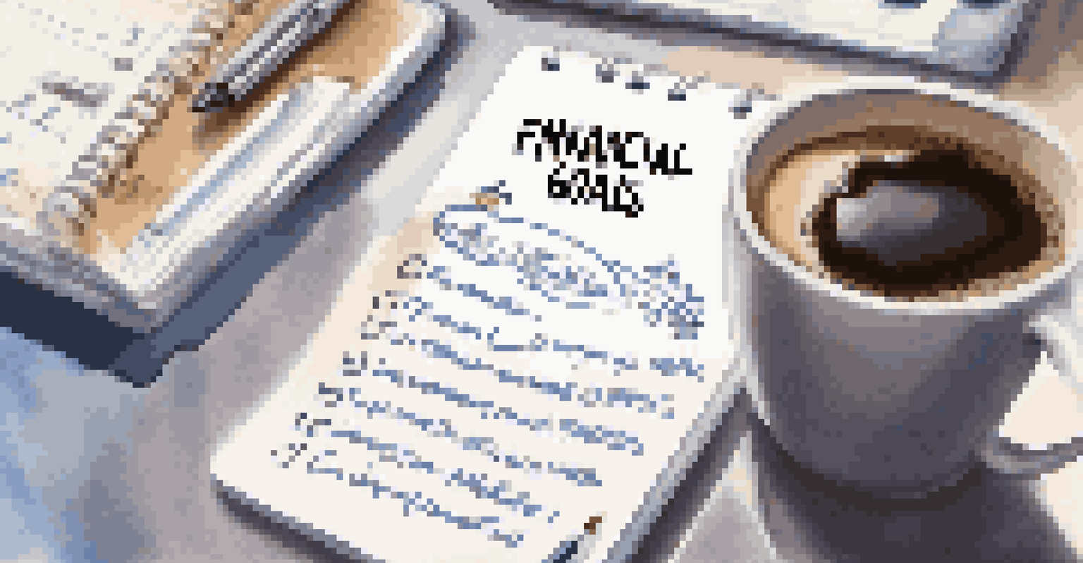 A hand writing SMART financial goals on a notepad with a modern office in the background.