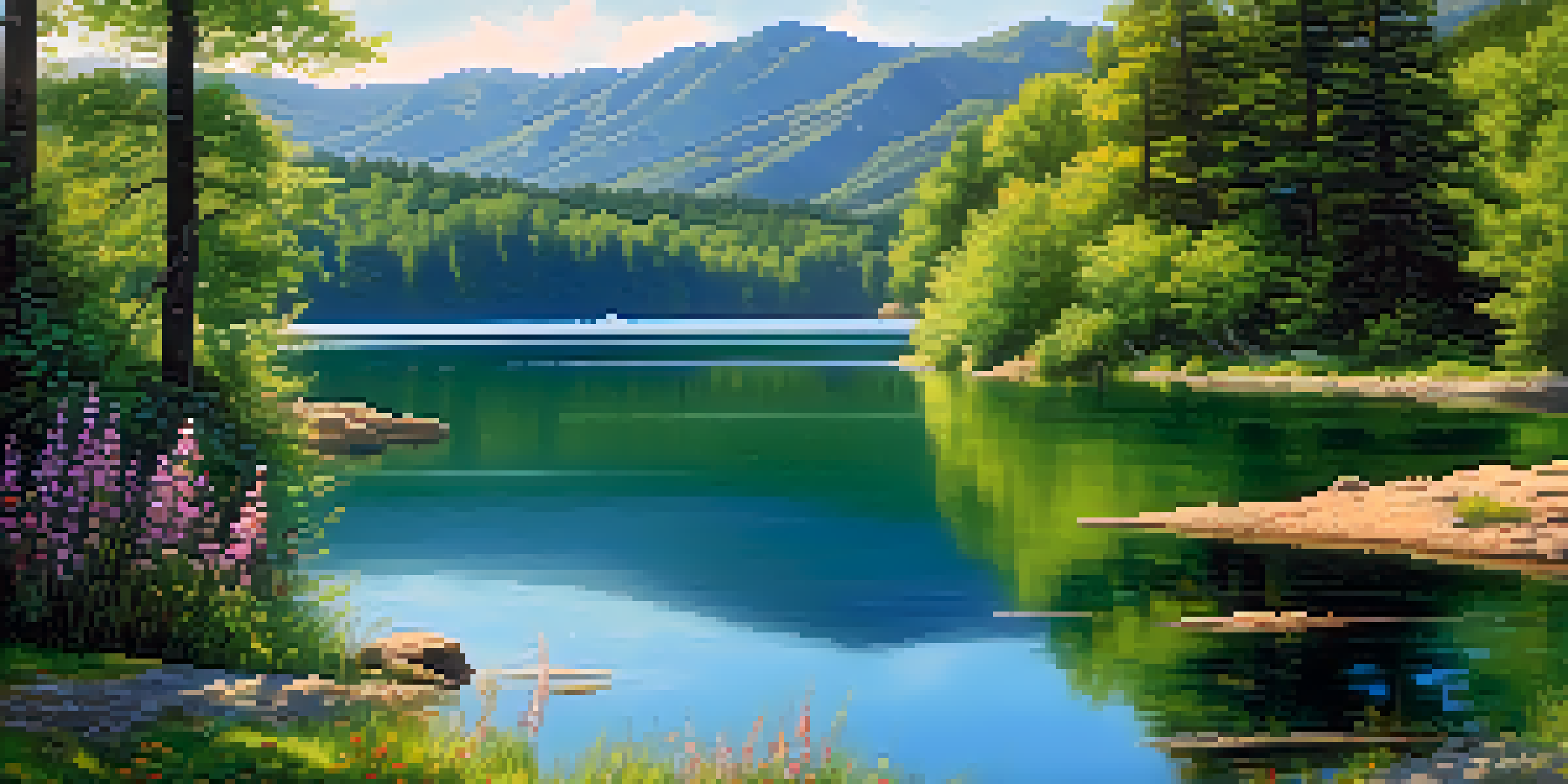 A peaceful lake surrounded by green mountains and colorful wildflowers under a clear sky.