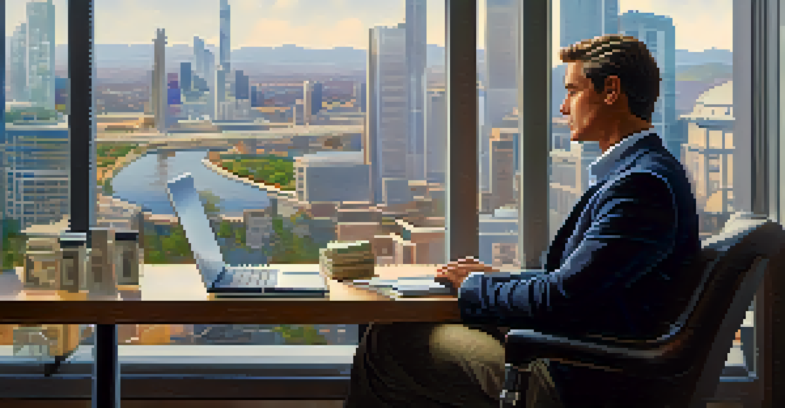 A trader examining financial data on a laptop, seated by a window with city views.