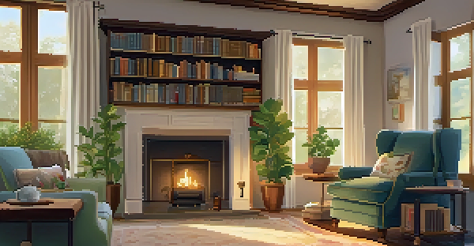 A cozy retirement living room with warm lighting, comfortable furniture, and a garden view.