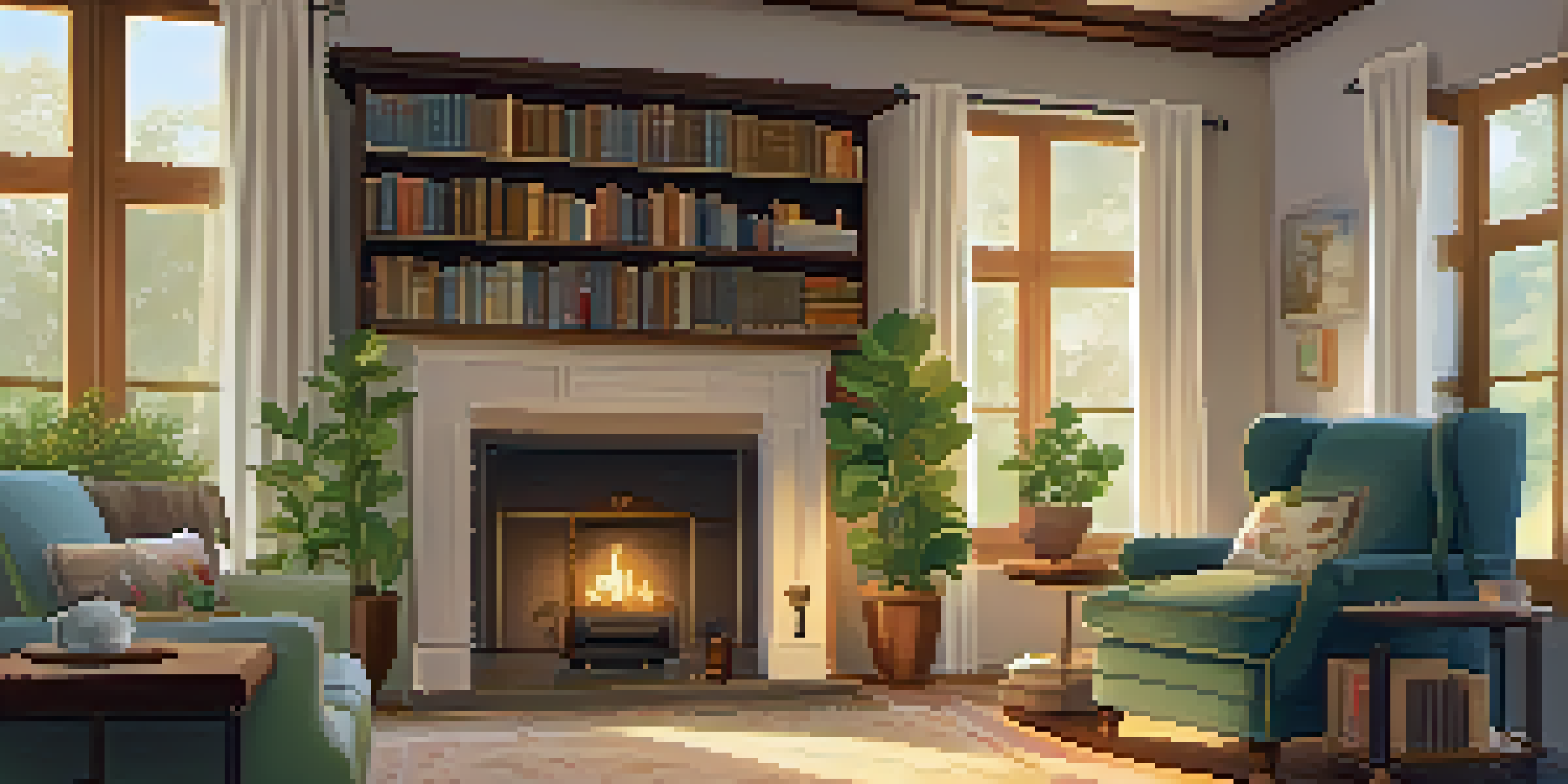 A cozy retirement living room with warm lighting, comfortable furniture, and a garden view.