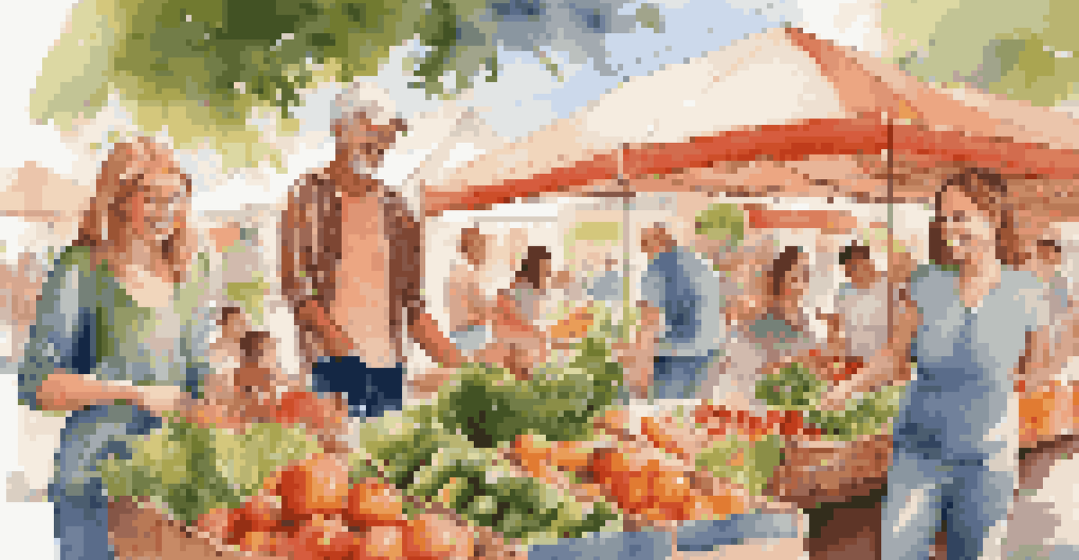 A happy family shopping at a farmers' market, surrounded by fresh fruits and vegetables.