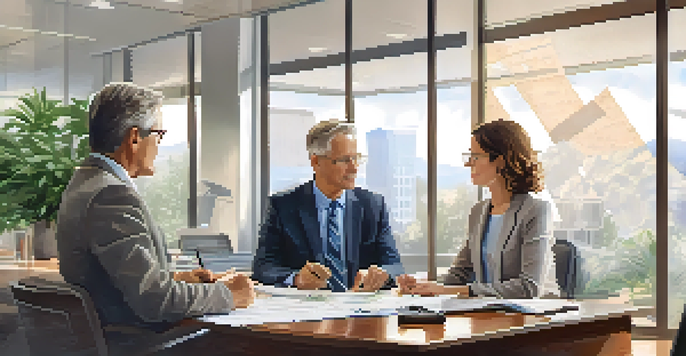 A financial advisor talks to a couple about retirement options in a bright office with charts and documents on a table.