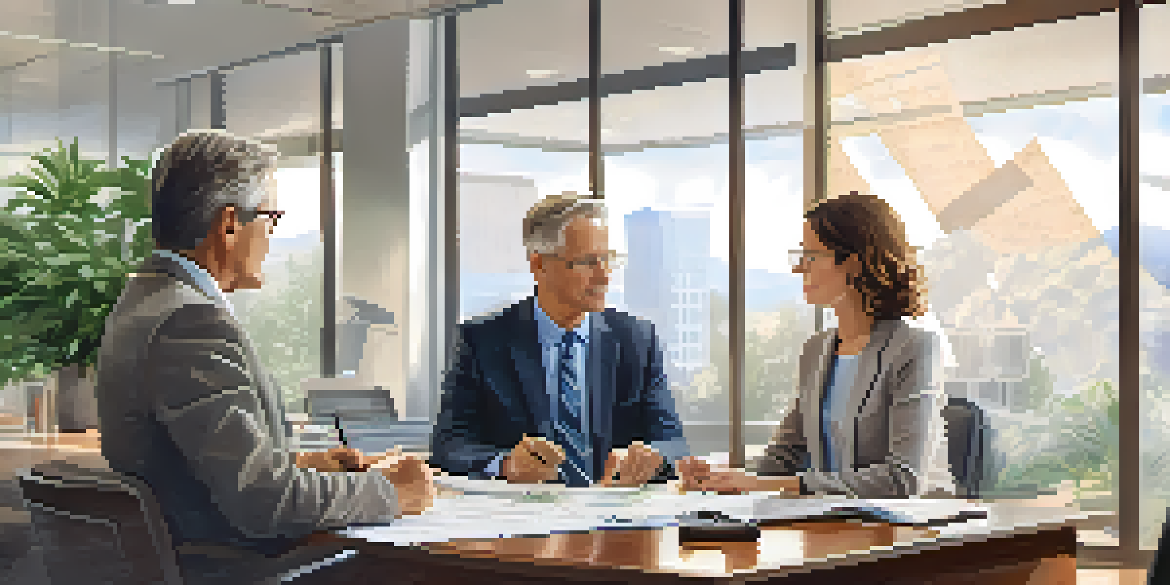 A financial advisor talks to a couple about retirement options in a bright office with charts and documents on a table.