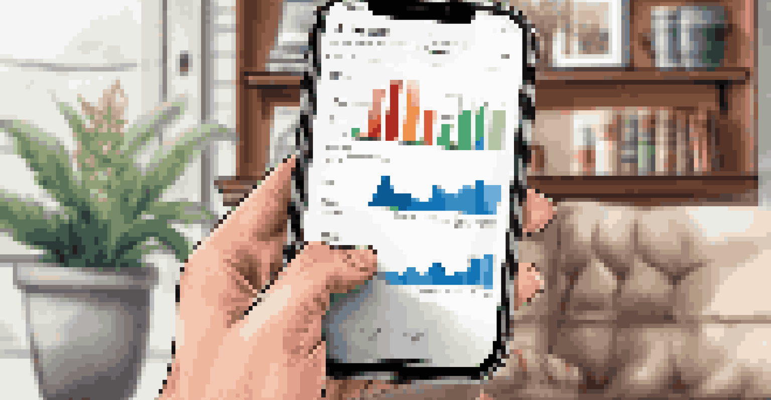 A close-up of hands holding a smartphone showing stock market trends in a cozy living room setting.