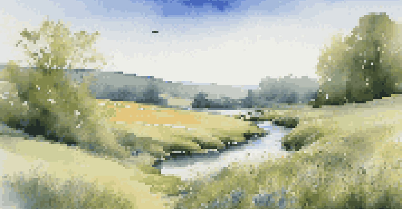 A peaceful landscape of rolling green hills and a stream, with a bench in the foreground and birds in the sky.