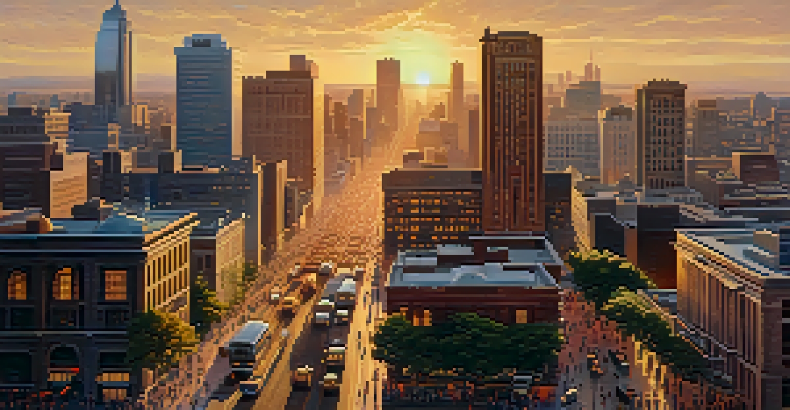 A vibrant city skyline at sunset, with both modern skyscrapers and historic buildings illuminated by golden light.