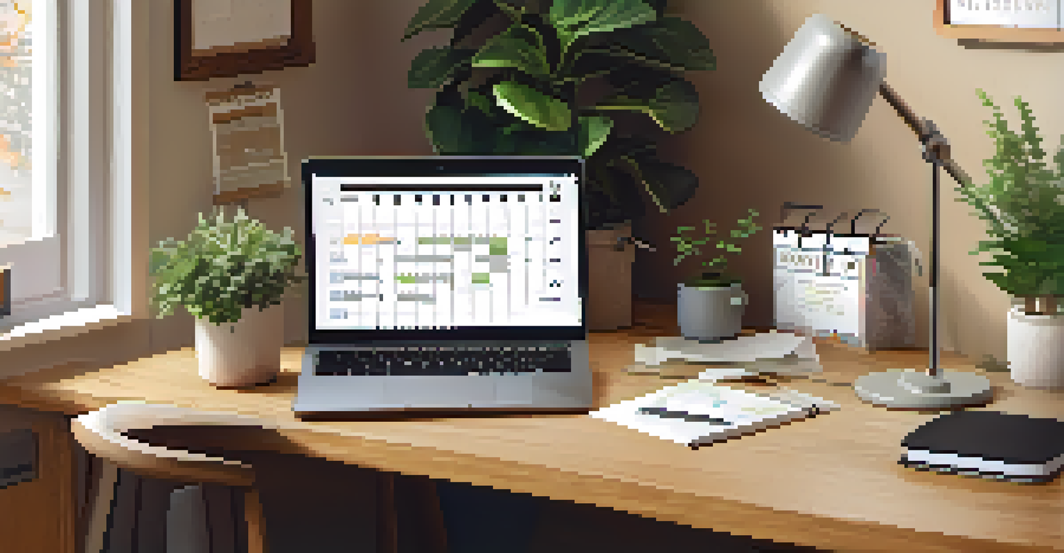 A workspace with a laptop and financial planning materials set up on a wooden desk, under warm lighting.