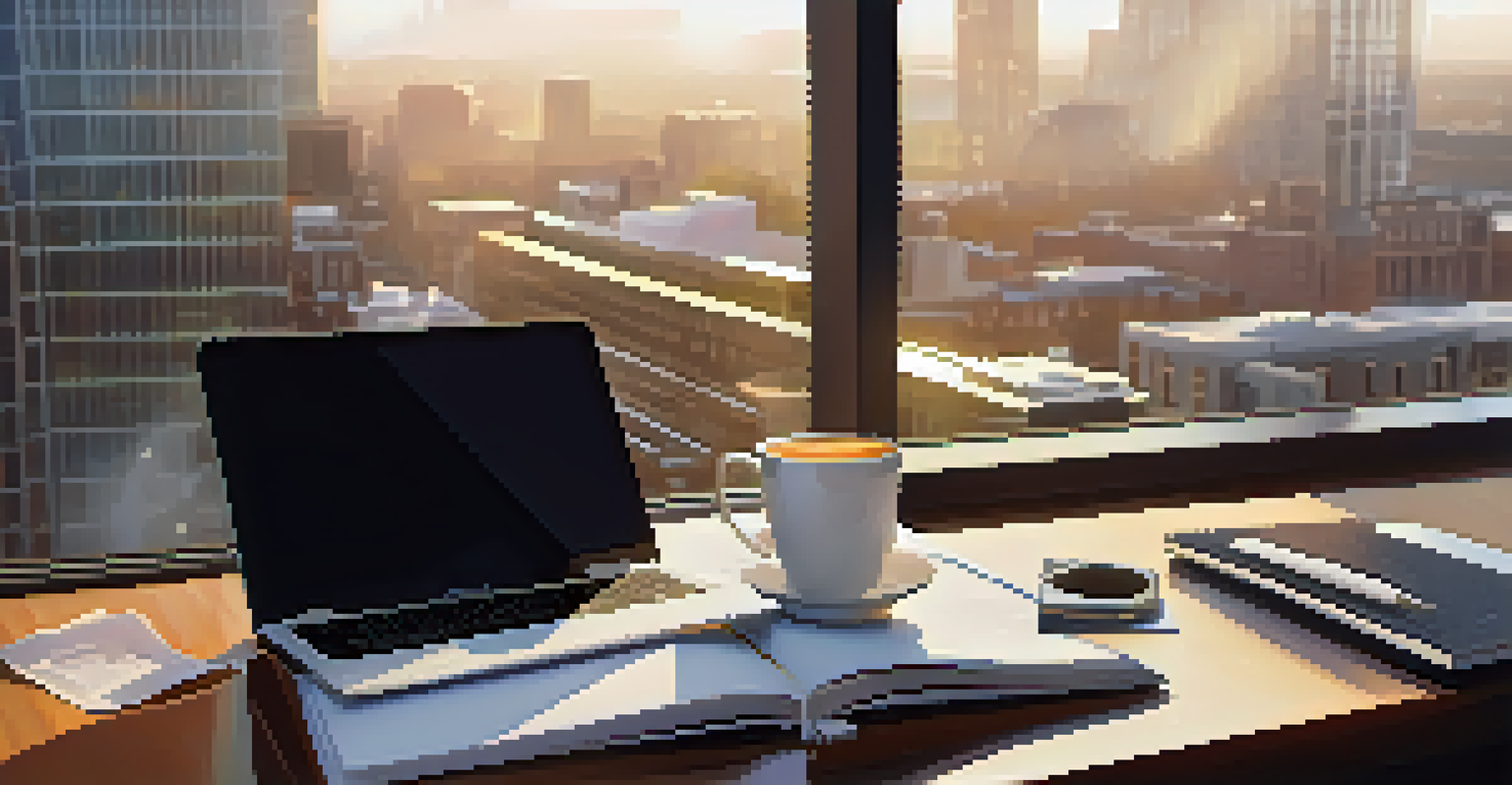 A stylish workspace with a laptop, financial papers, and a cup of coffee, overlooking a city skyline through a window.