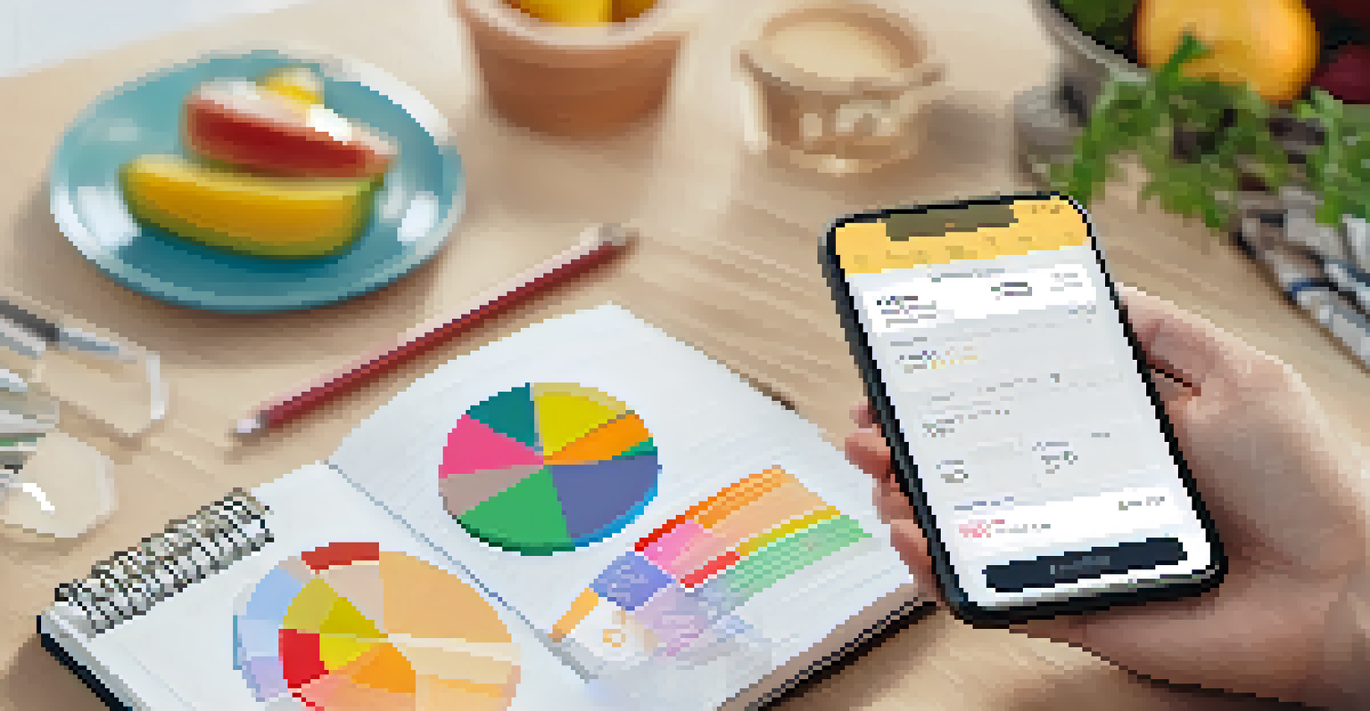 Close-up of hands with a smartphone showing a budgeting app and an open notebook, set in a bright kitchen.