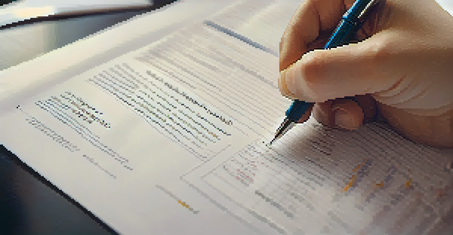 A close-up of a hand holding a pen over an open financial contract with graphs in the background.