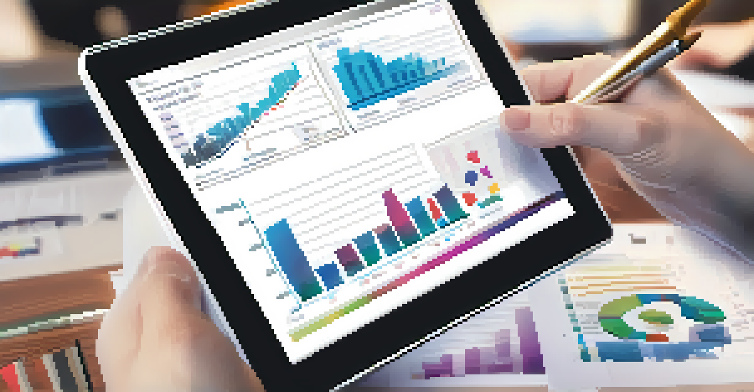 Close-up of hands analyzing financial data on a tablet in a professional office setting.